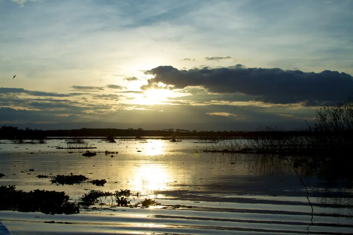 Boat ride out onto Lake Naivasha with sunlight breaking through the clouds
