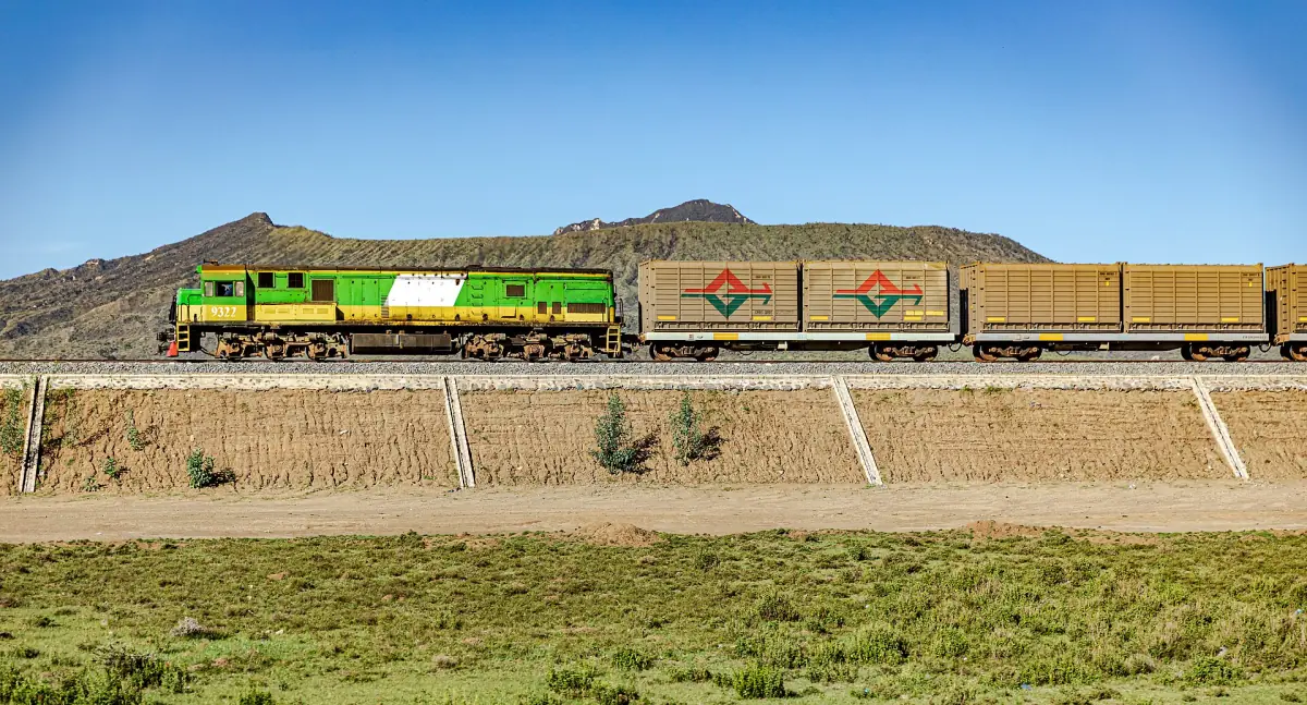 Freight train on the railway below Mount Longonot in the Rift Valley