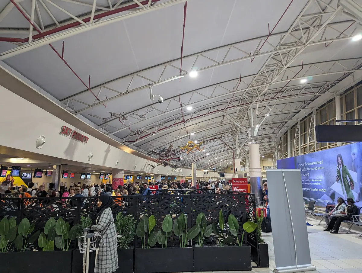 Inside the busy terminal hall of Jomo Kenyatta Airport in Nairobi