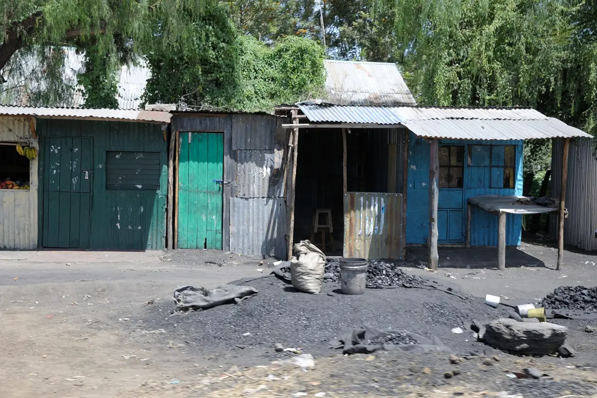 Small roadside shops and stalls in Naivasha town with trees behind