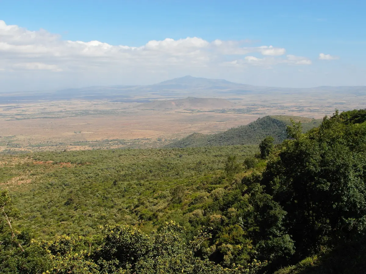Wide view across the Rift Valley floor with distant volcano and clouds