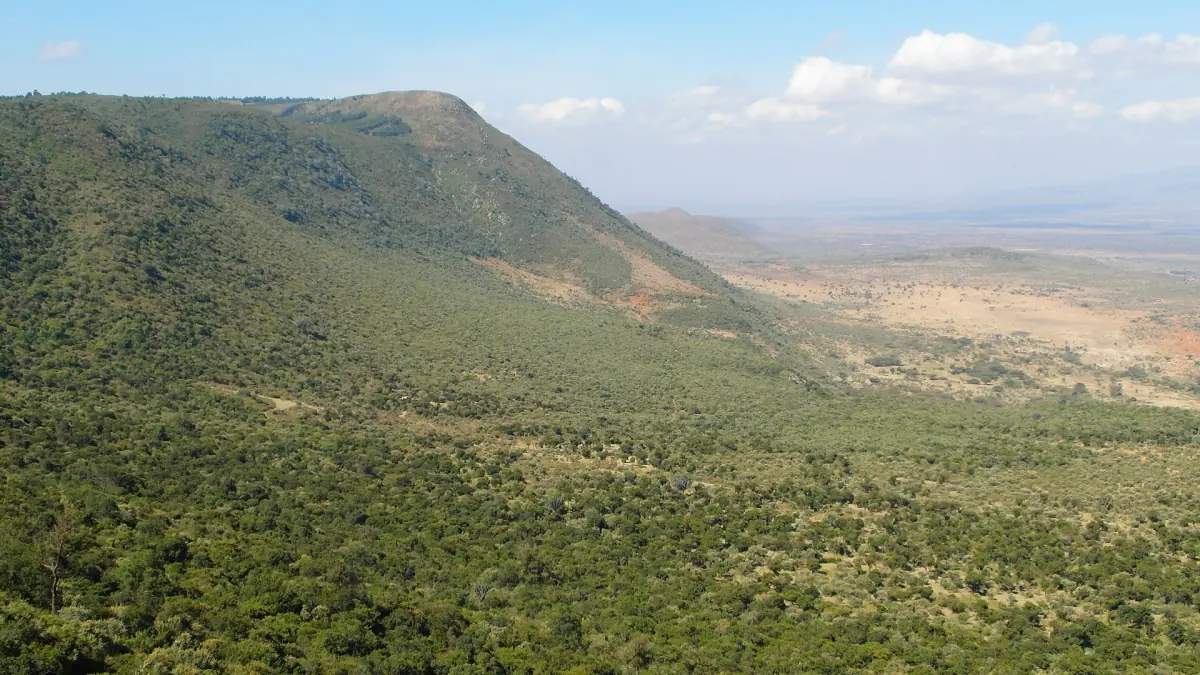 View from the escarpment over the green slopes of the Rift Valley